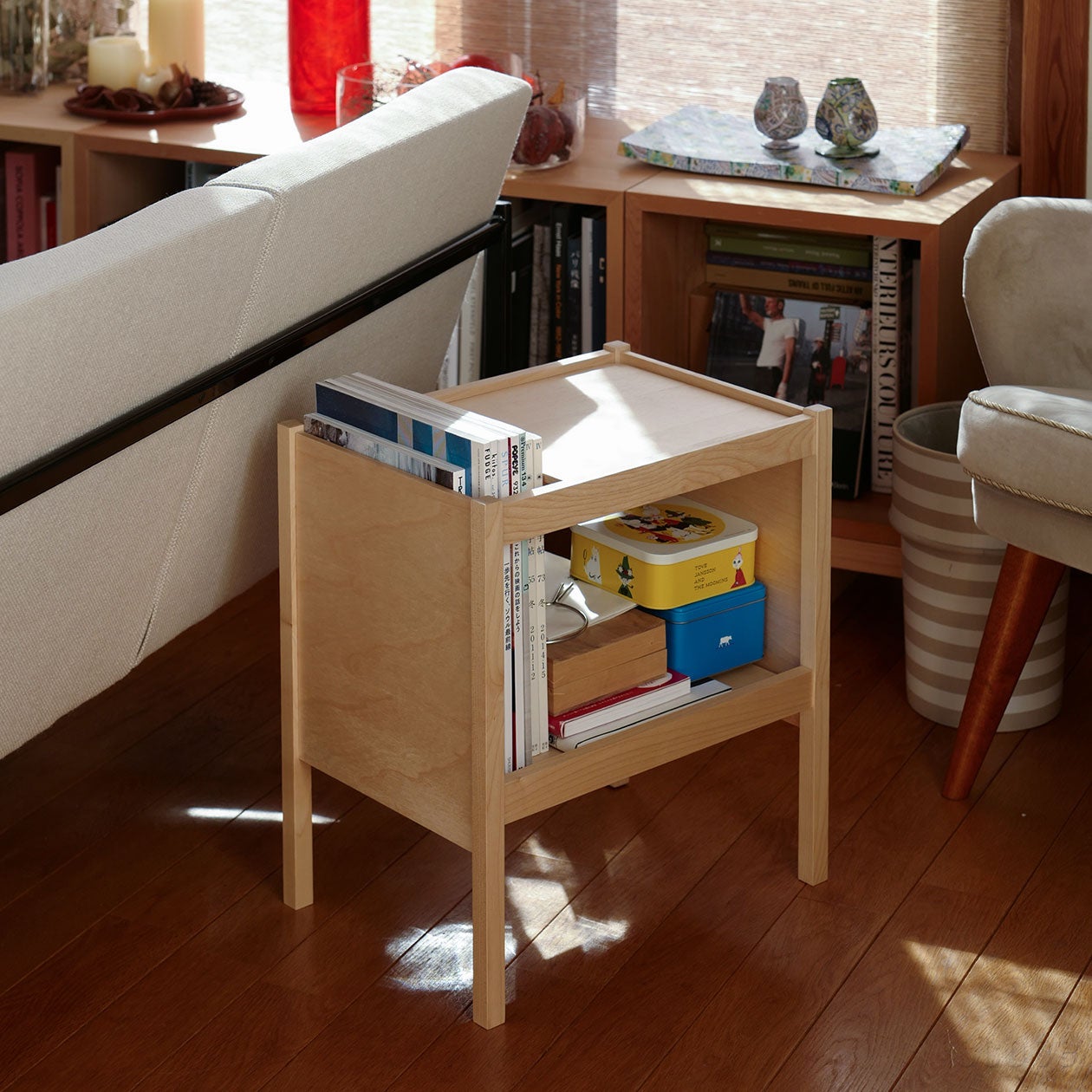 雑誌がすっきりと収まるリビングでの使用イメージ