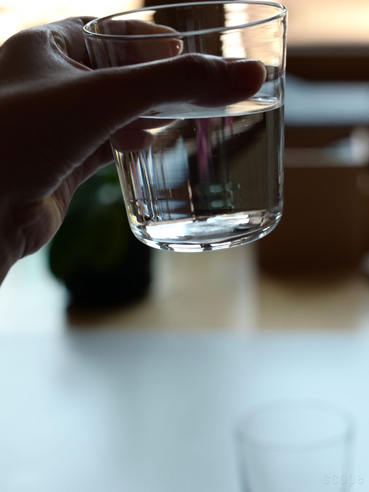 水の入ったBellman タンブラーを手に持ち、グラス越しに見える風景が揺らいでいる様子